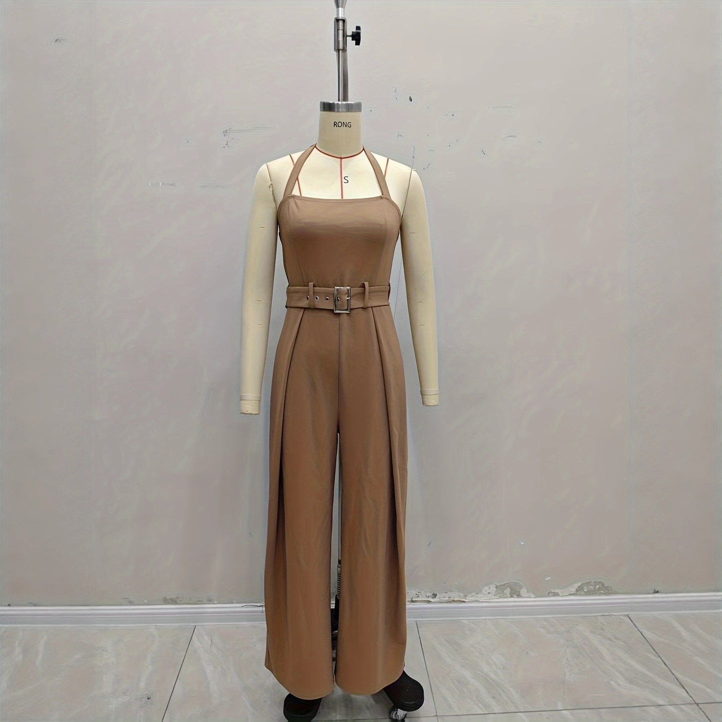Womens Minimalist Sleeveless Form-fitting Wide-leg Jumpsuit With A Waist Belt