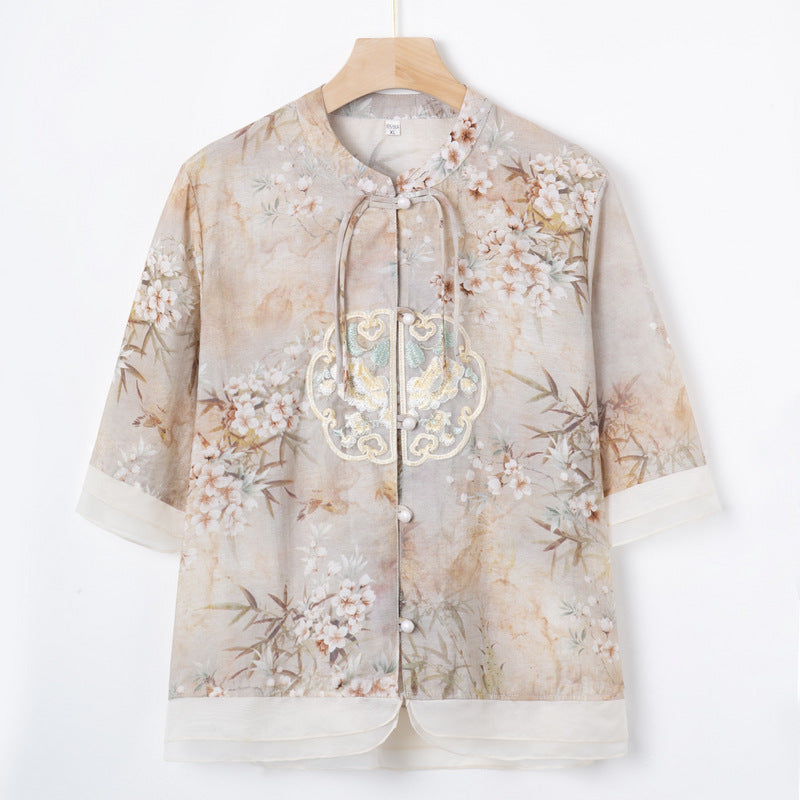 Mom New Spring And Summer Wear National Style Small Shirt Two-piece Set