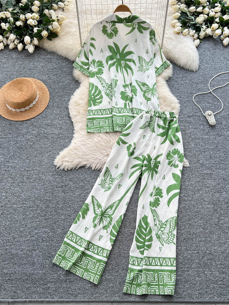 Bohemian-style Printed Short-sleeve Polo-collar Shirt And Wide-leg Pants Set