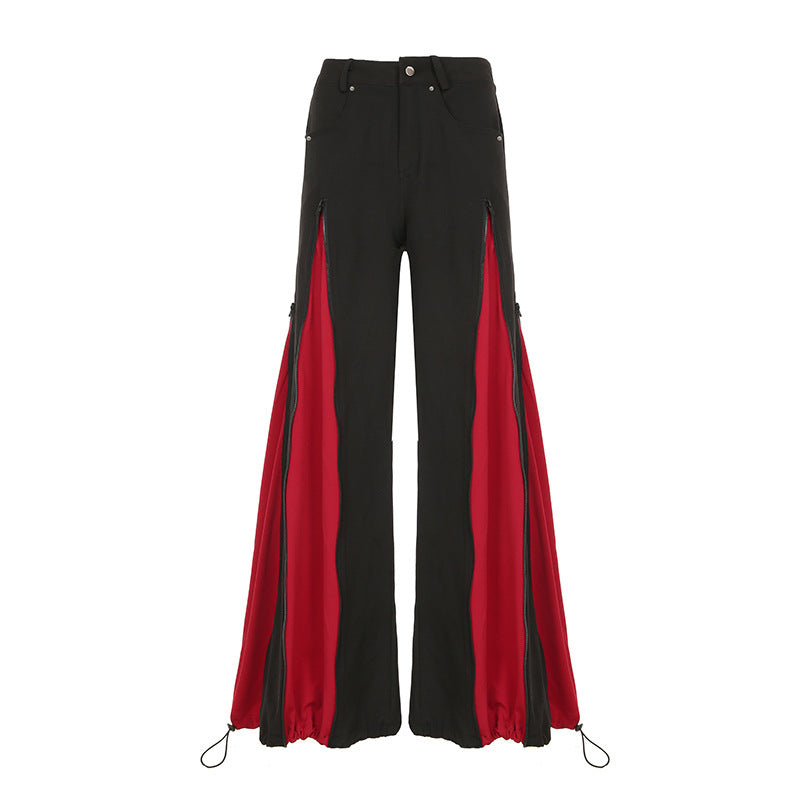 Personality Contrast Color Stitching Low Waist Casual Pants Zipper Design
