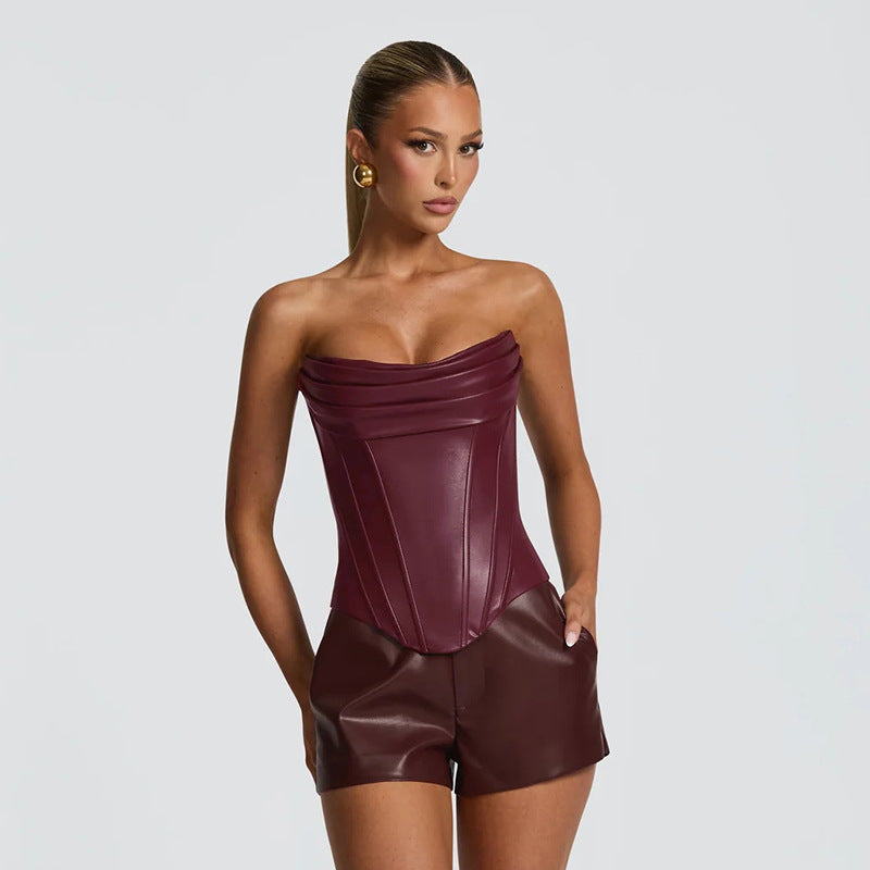 Women's PU Leather Fishbone-Strap Corset Sleeveless Top
