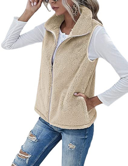 Plush Stand Collar Sleeveless Zipper Lightweight Vest
