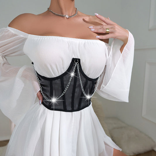 Mesh Spliced Chain Sexy Fishbone Steel Ring Waist Cincher