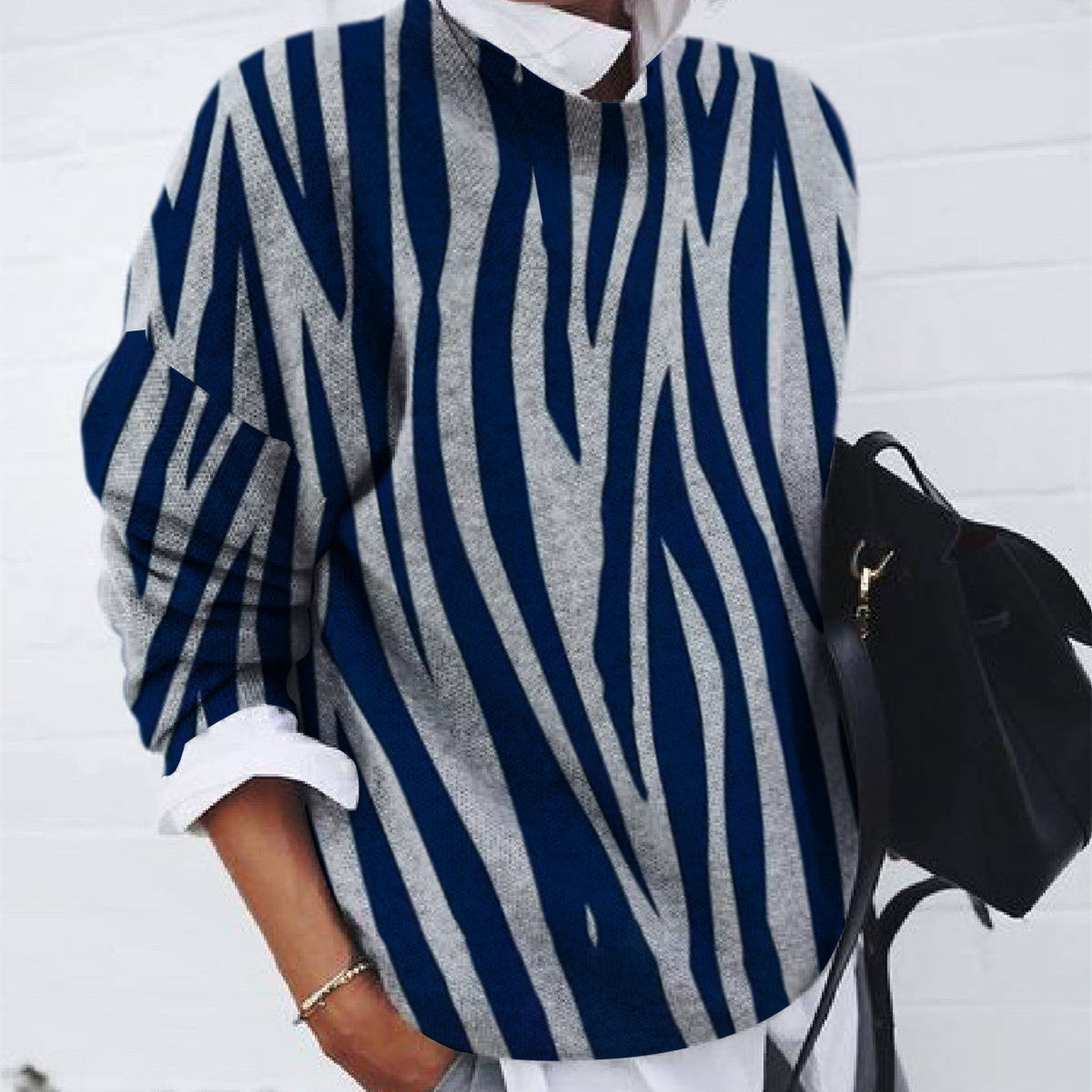 Dame sweatshirt med børstet geometrisk print, løst snit og lange ærmer