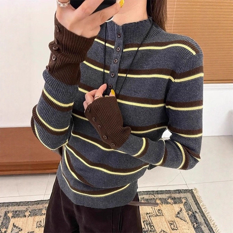 Striped Color-blocking Korean-style Long-sleeve High-end Women's Top