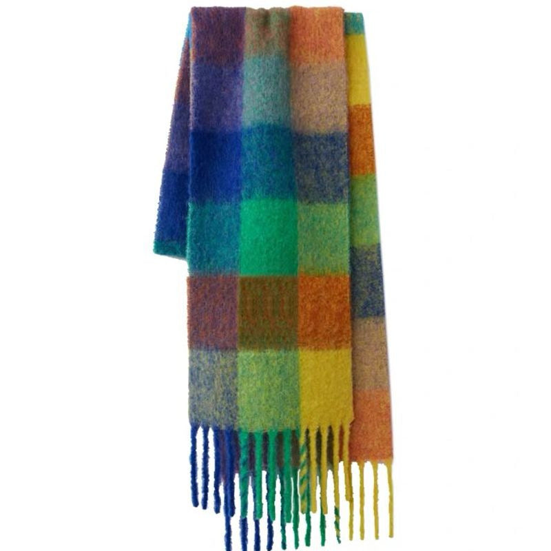 Womens Warm Rainbow-Plaid Faux Cashmere Scarf