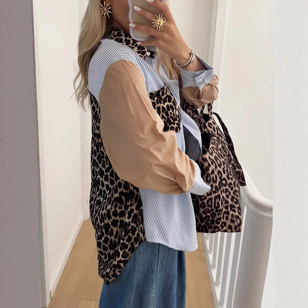 Dame Løs Leoprint Patchwork Stribet Skjorte