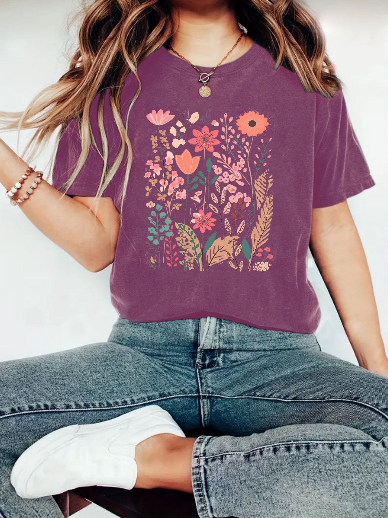 European And American Summer Women's Plant Flower Graphic Print Crew Neck Short Sleeve
