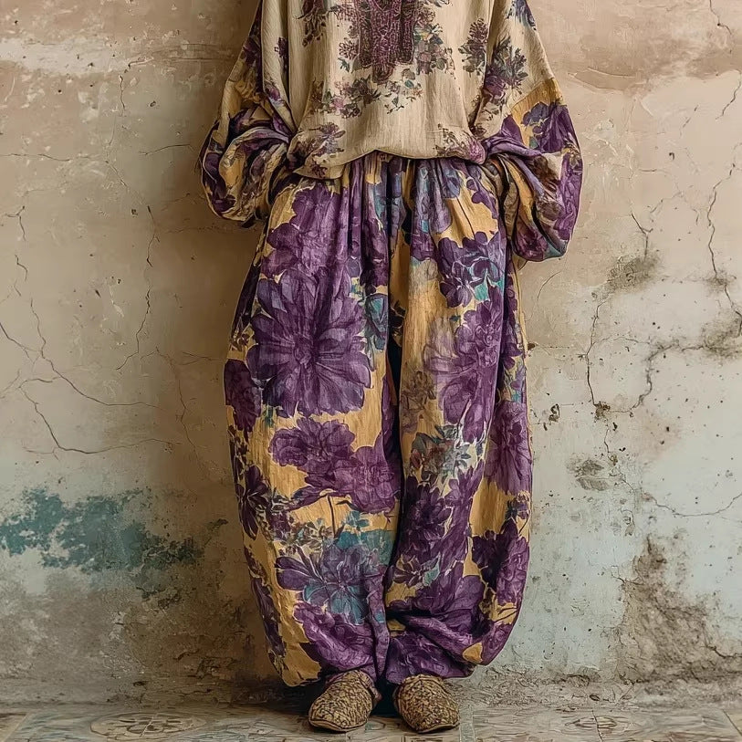 Womens Retro Printed Set Versatile Loose-fitting And Casual
