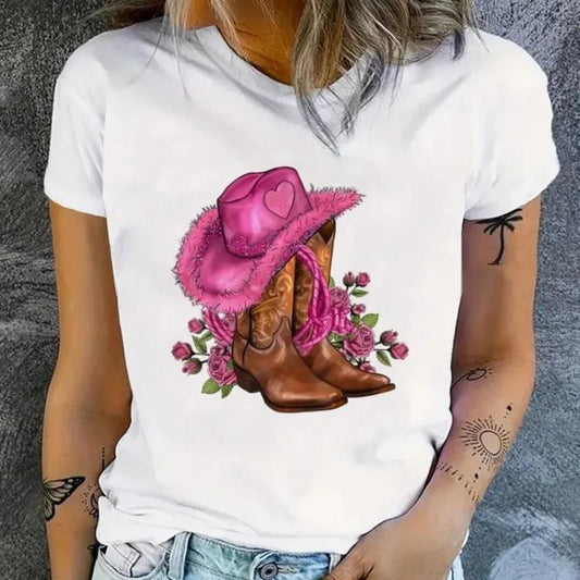 Cowgirl T-shirts med blomsterprint til kvinder Sommer T-shirt Dame Rive