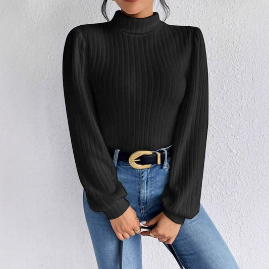 Knitted Brushed-fabric Top With A Turn-down Collar And Lantern Sleeves