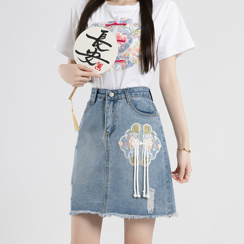 High Waist Slit Denim Skirt Vintage Embroidered Skirt
