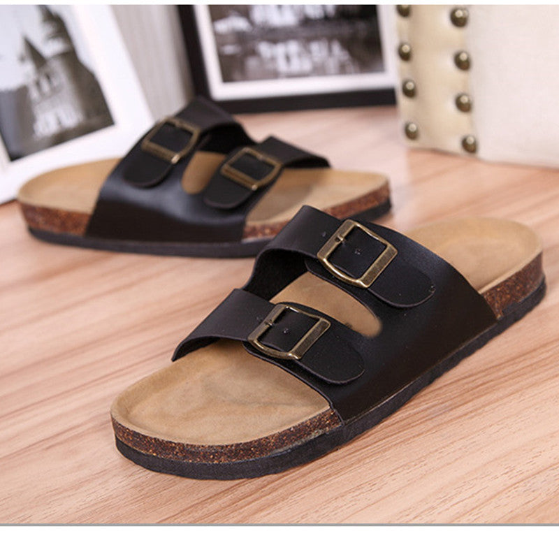 Casual Slippers Two Buckle Flat Cork Drag Sandals Foreign Trade