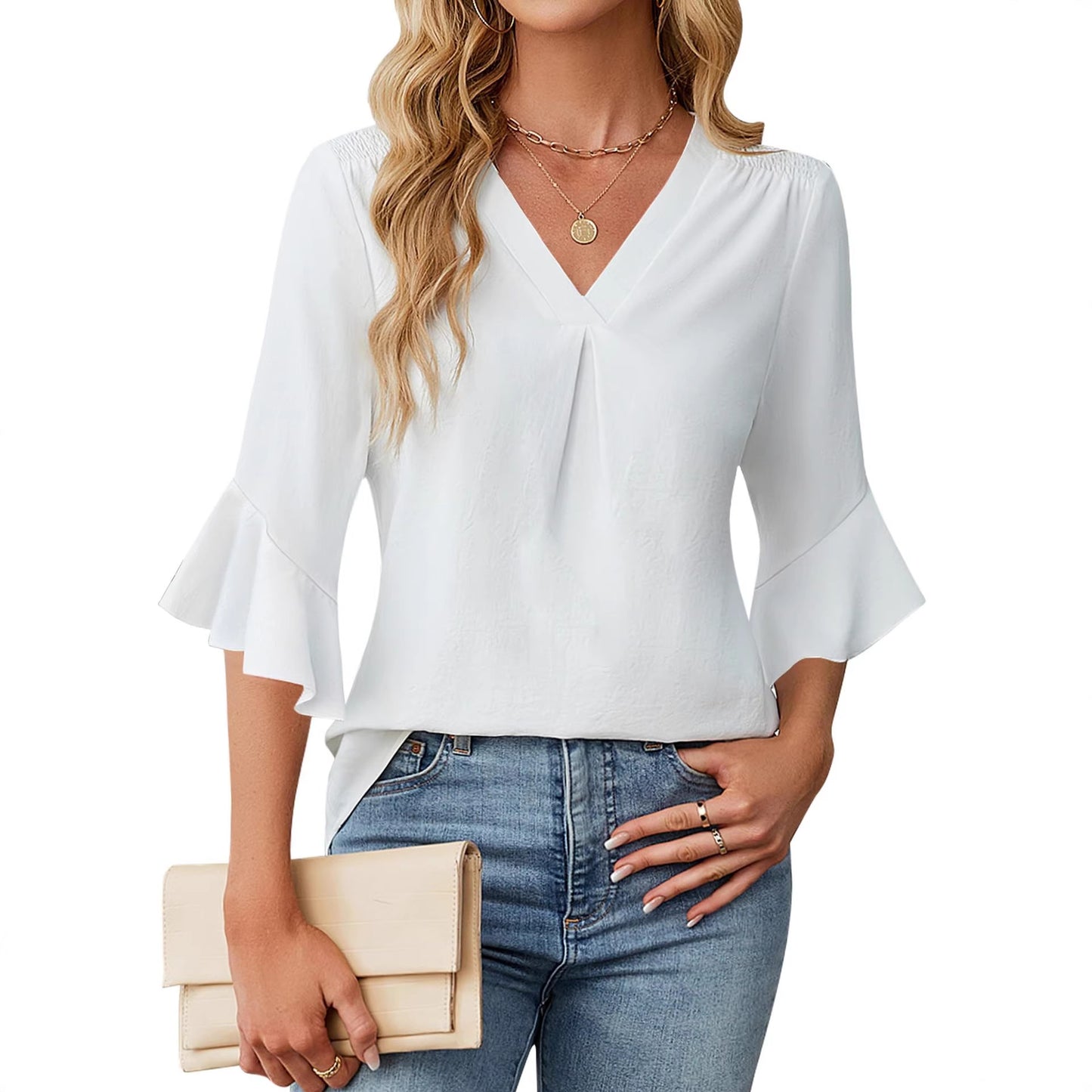 Womens Casual Chiffon Blouse With V-Neck And Ruffle Sleeves