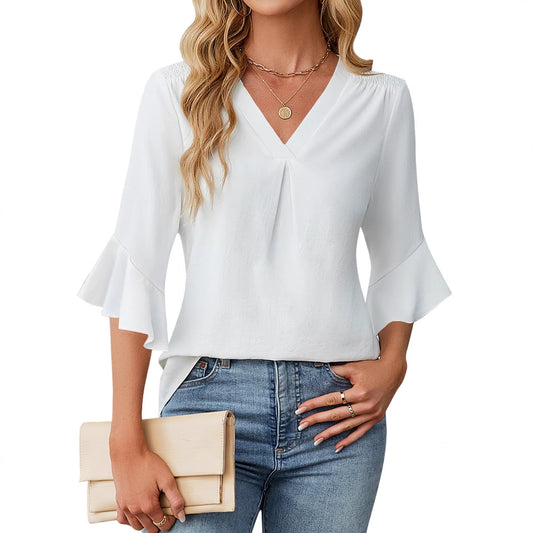 Womens Casual Chiffon Blouse With V-Neck And Ruffle Sleeves