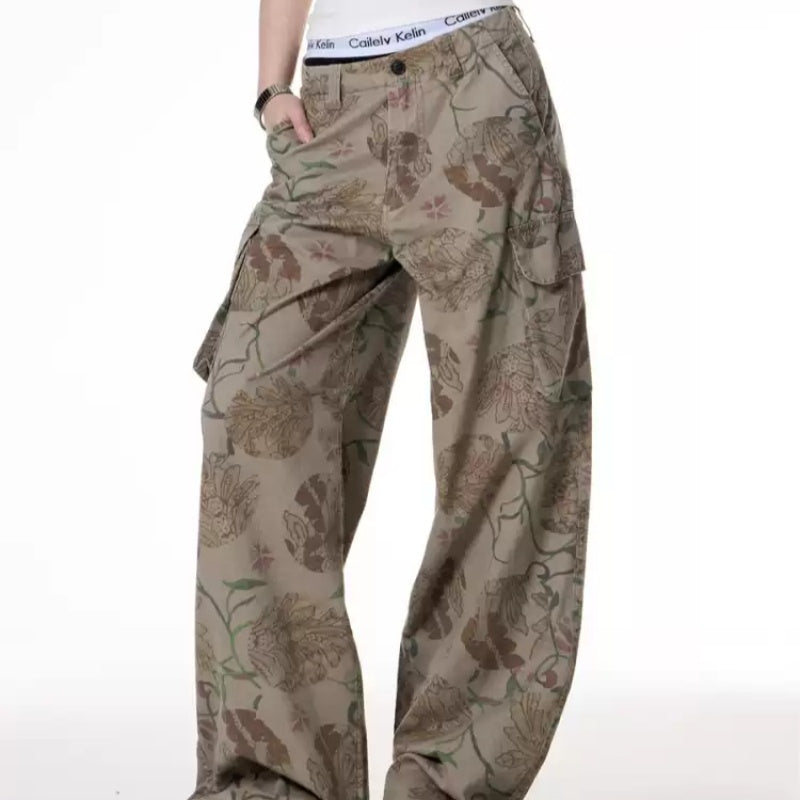 Retro Hot Girl Style Floral Print Large Pocket Casual Working Pants