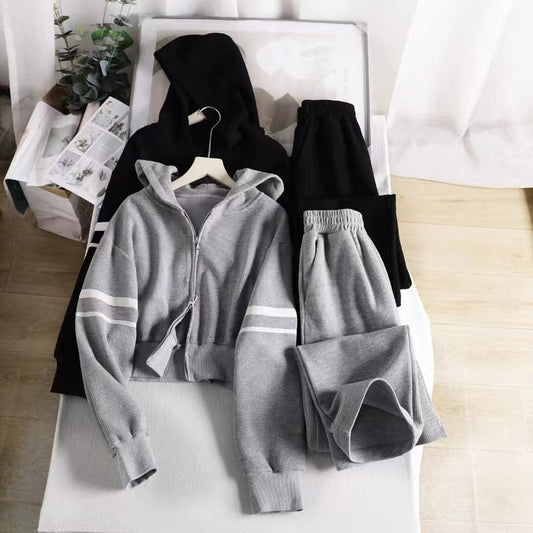Vaffelstrikket Cardigan Med Hætte Og Sweatshirt Sæt Til Kvinder