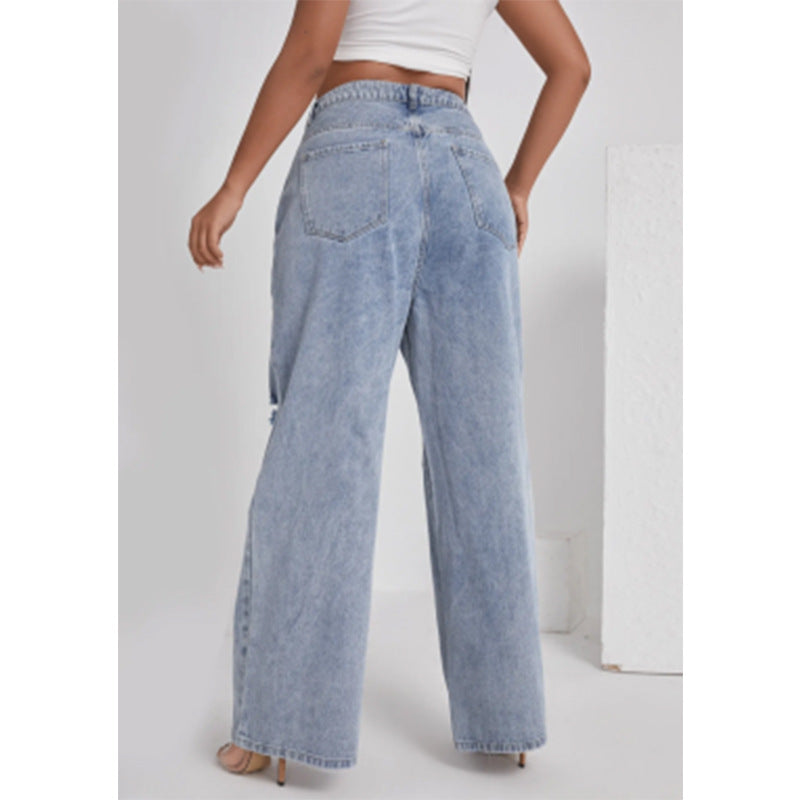 Dame-Denim Med Huller Høj Talje Lige Ben Bukser