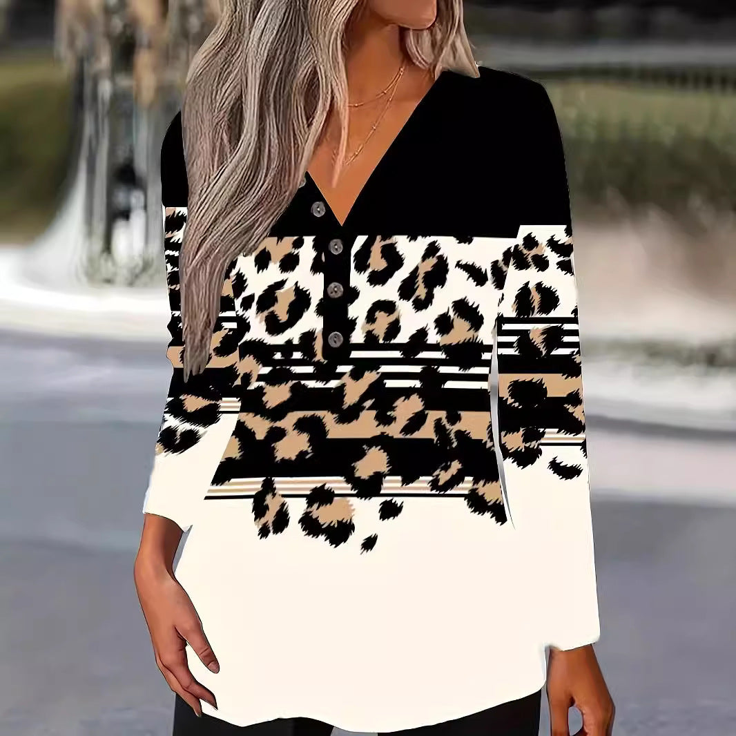 Color Matching Printed V-neck T-shirt Casual Long-sleeved Top