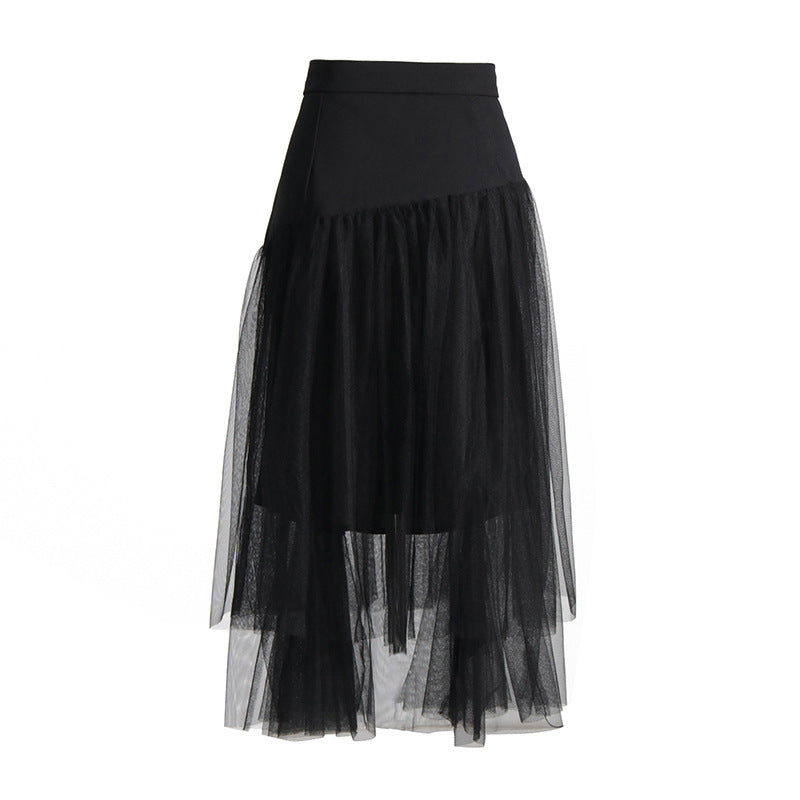 Retro Machine Embroidery Mid-high Waist Buckle Mesh Stitching Skirt