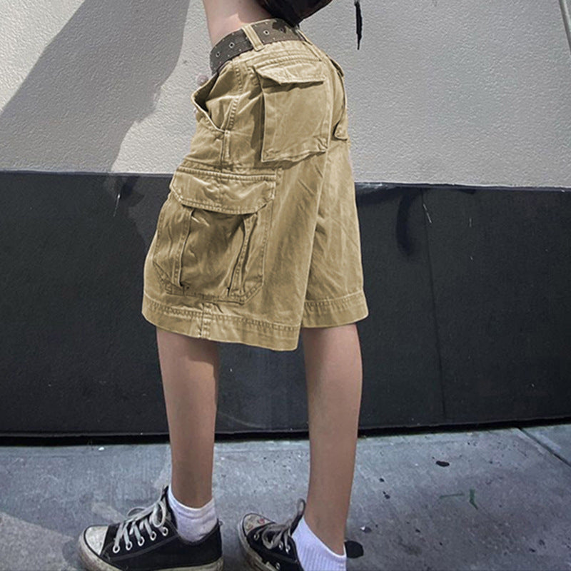 Workwear Retro High Waist Multi-pocket Denim Casual Five-point Pants