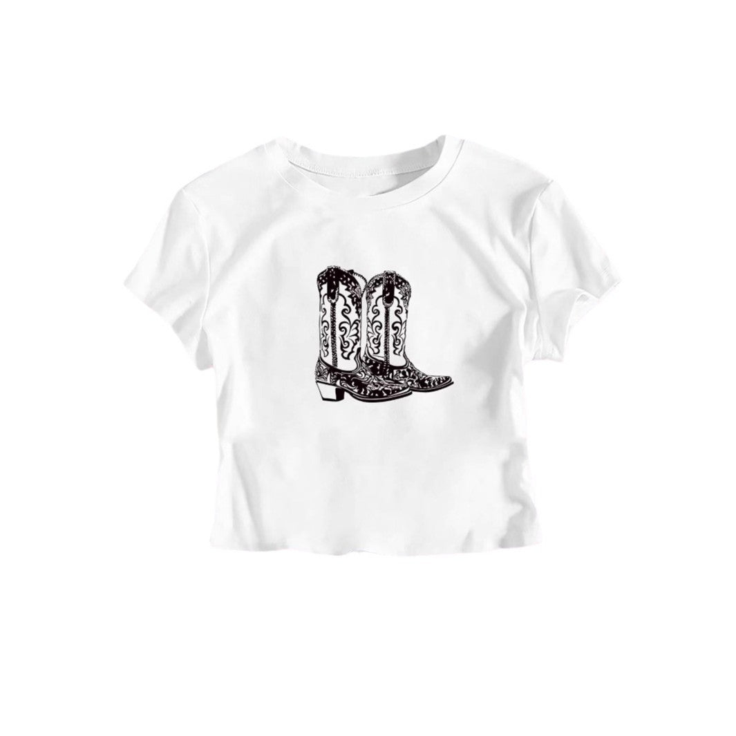 Womens Printed Midriff-Baring Short-Sleeve T-Shirt