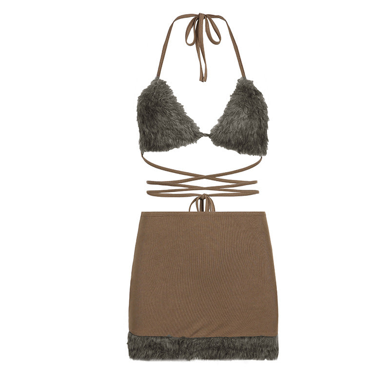 Spring Popular Fashion Women's Wear Furry Halter Navel Bra High Waist Slim Short Skirt Two-piece Set