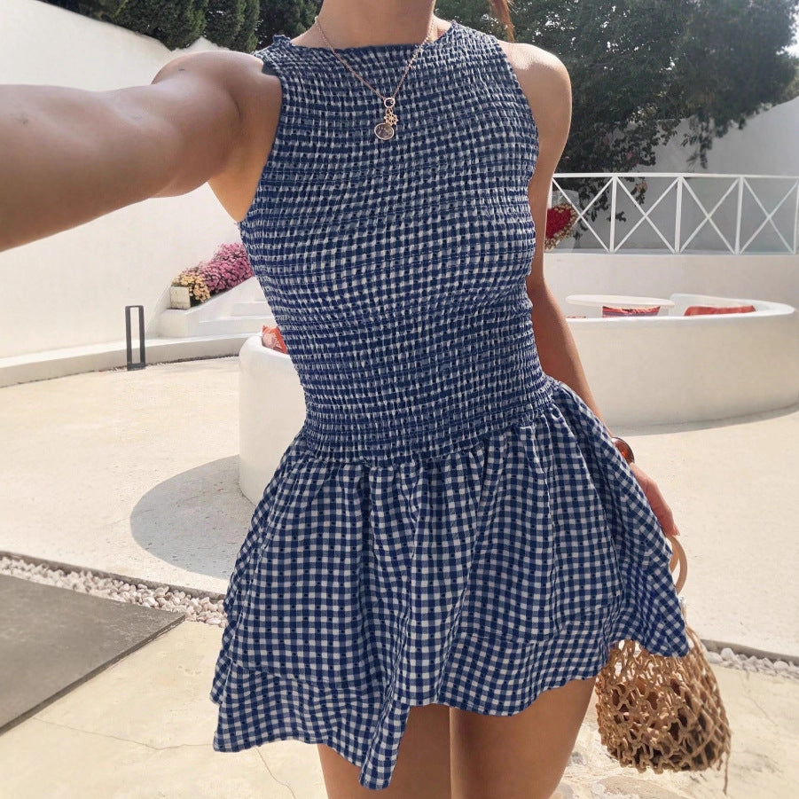 Womens Stylish, Versatile Sleeveless Plaid Dress