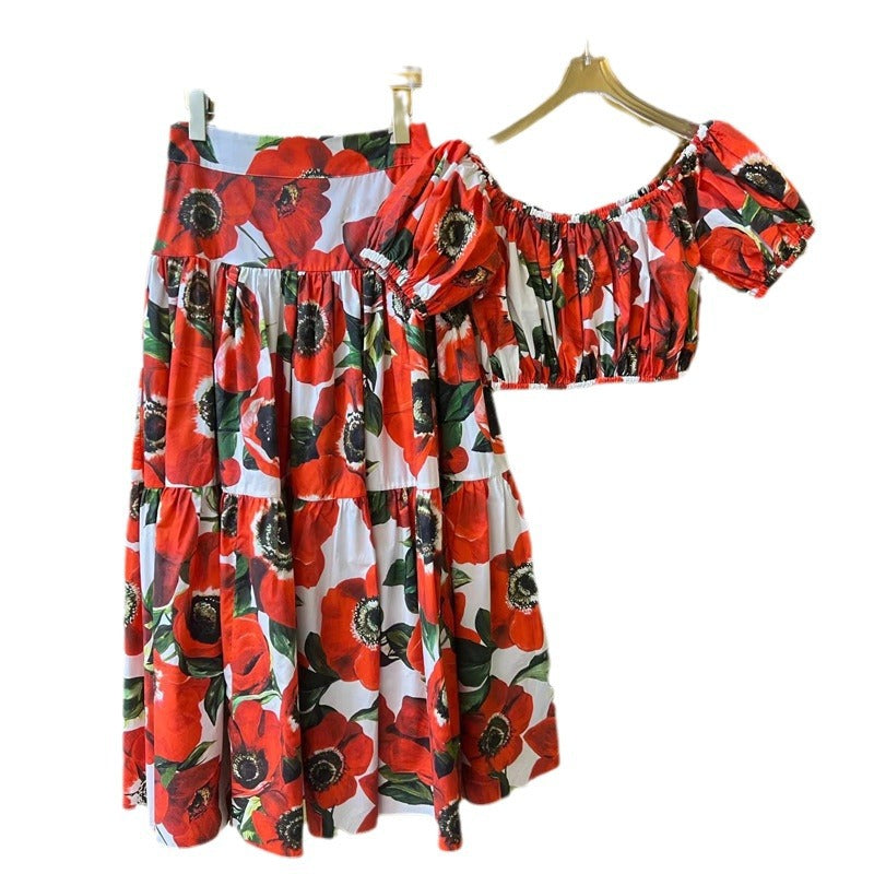 Red On White Flower Print Short Sleeve Pullover Top Long Skirt