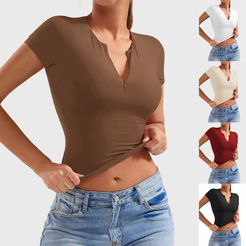 Slim Fit Moderne Yoga Kortærmet Halvlynlås Top