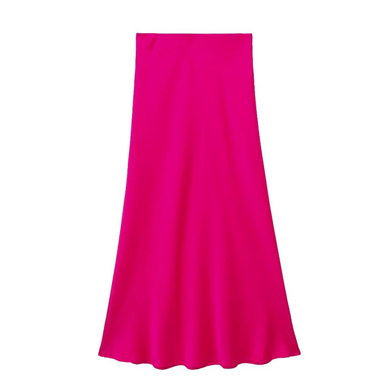 Solid Color Slim Silk Satin Texture Midi Skirt