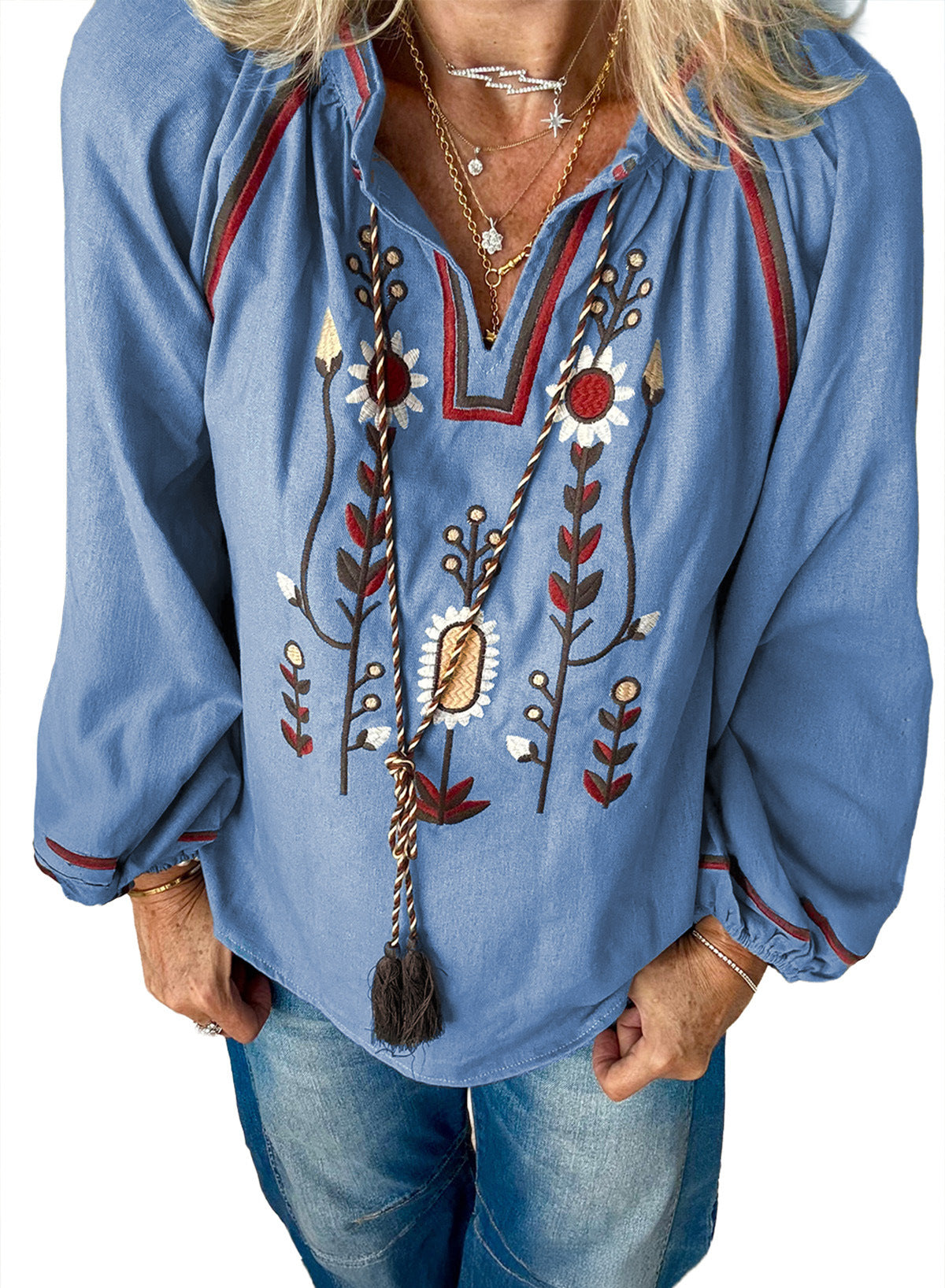 Women's Round Neck Embroidered Casual Chiffon Shirt