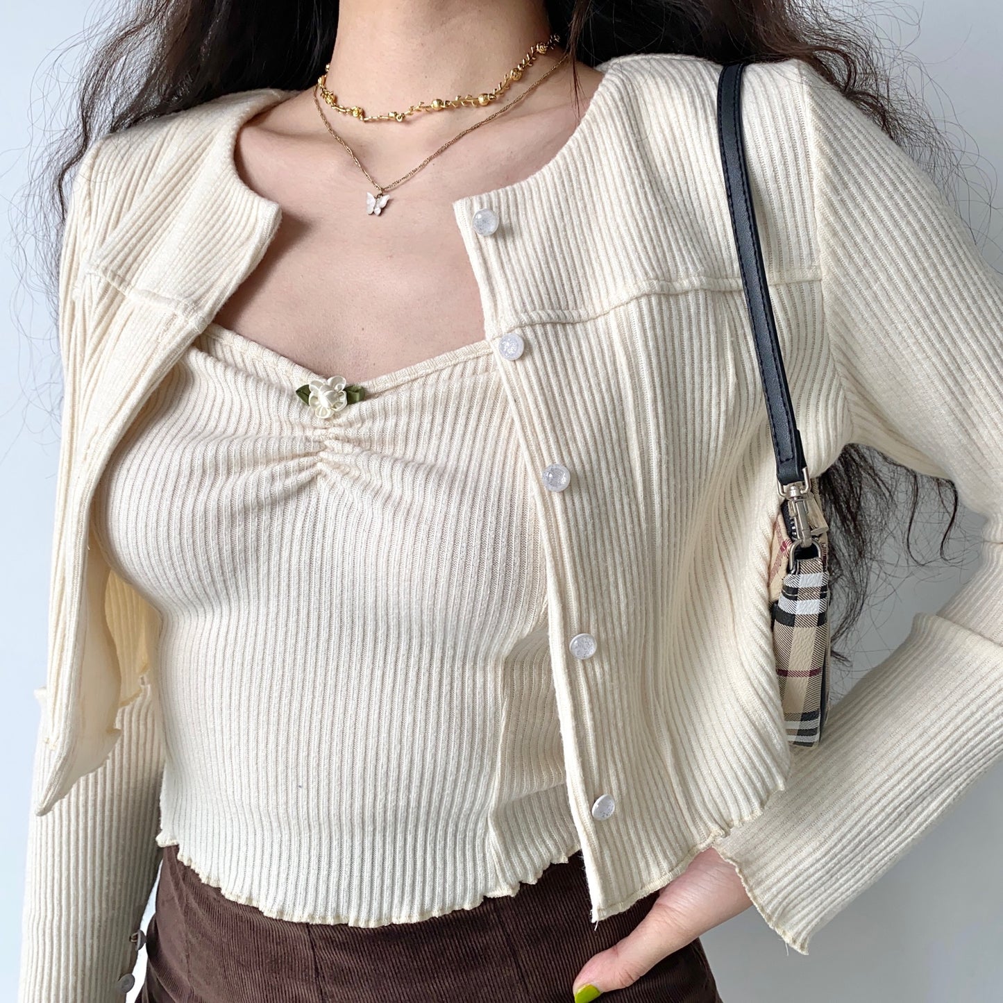 Retro Cute Flower Sling Rib Knit Cardigan Women's Suit