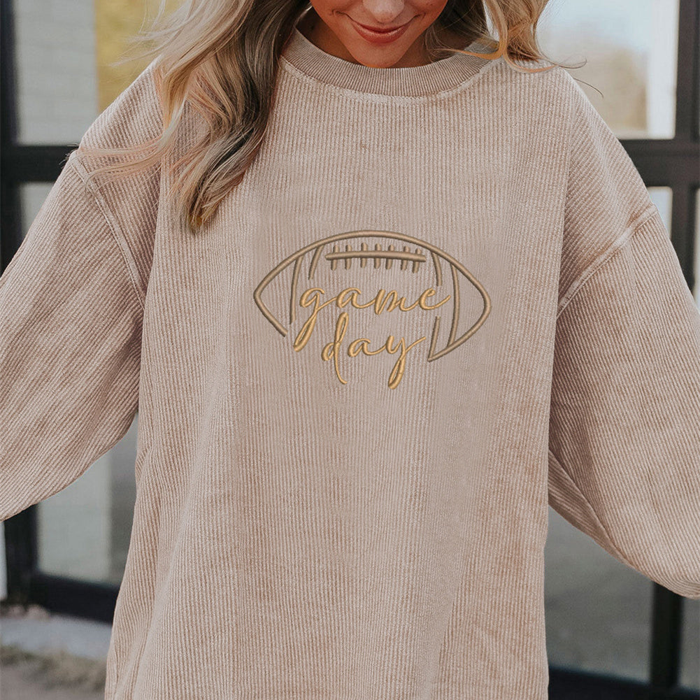 Smoke Gray Twisted Rib Texture Game Day Rugby Embroidered Baggy Sweatshirt