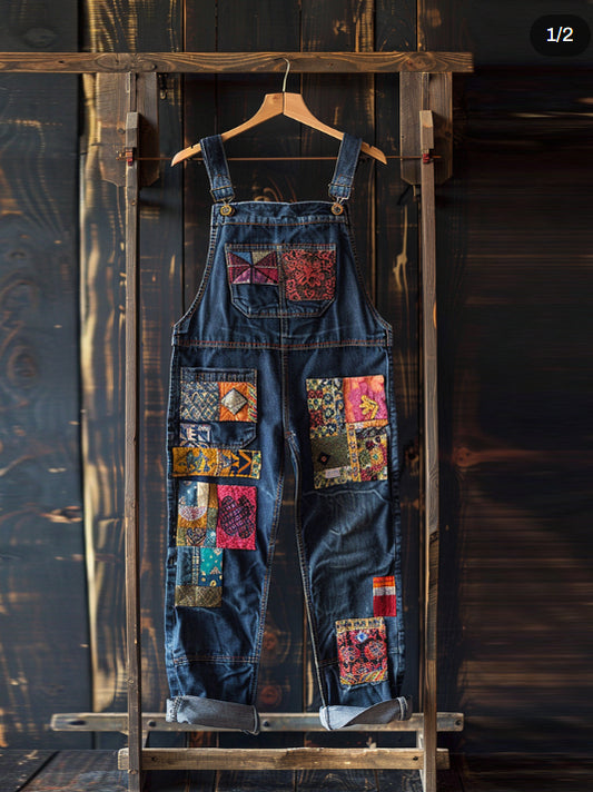 Vintage Patchwork Geometric Art Print Jeans Jumpsuit