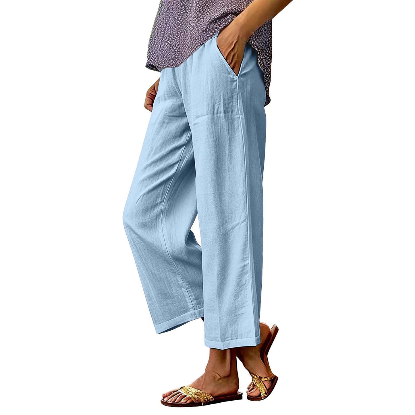 Womens Solid-Color Cotton-Linen Loose-Fit Wide-Leg Casual Pants