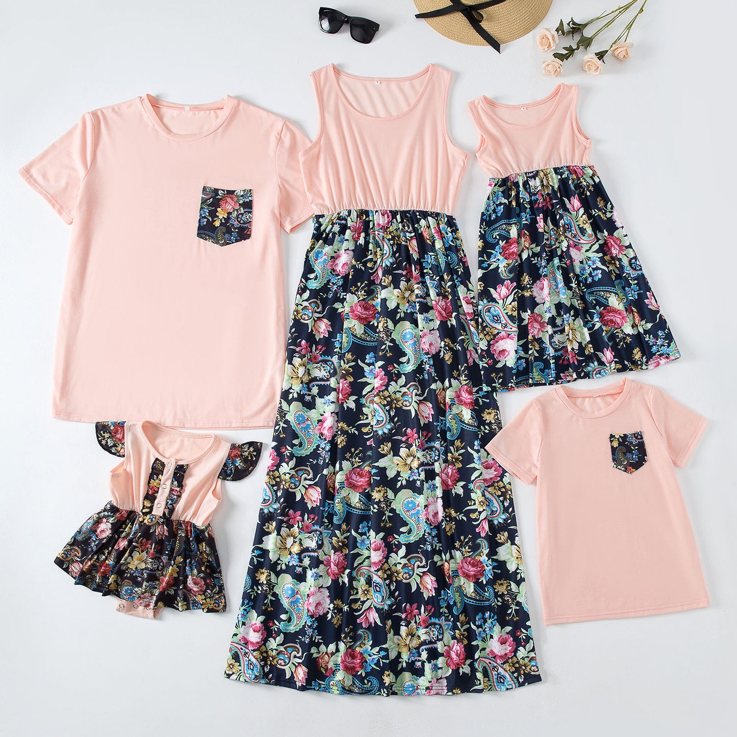 Fashion talje syninger print lang kjole forældre-barn outfit familie