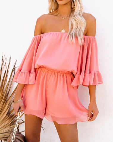 Patchwork Short Sleeve Loose Solid Color Chiffon Jumpsuit