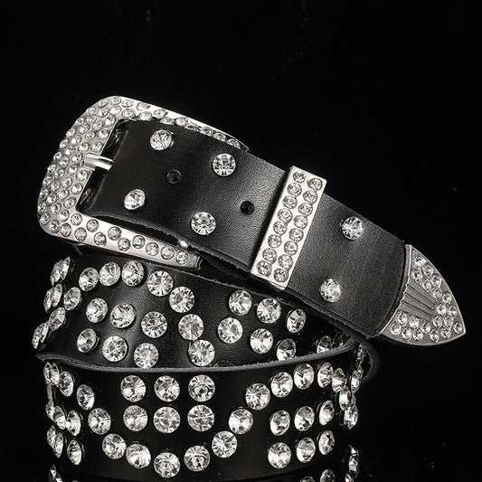 White Women's Leather Belt With Diamonds