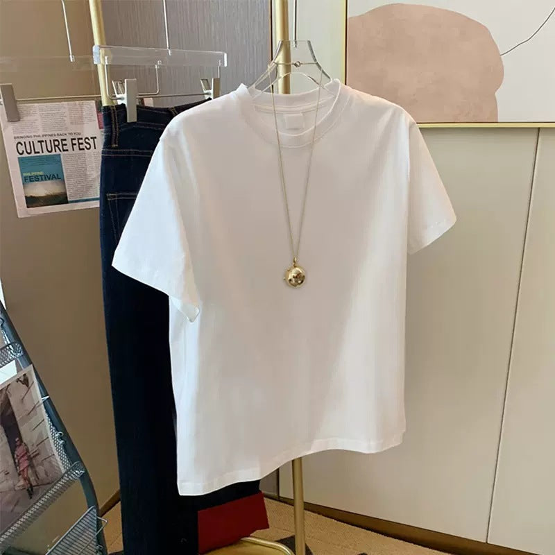 Tyk bomulds T-shirt med rund hals og løs pasform