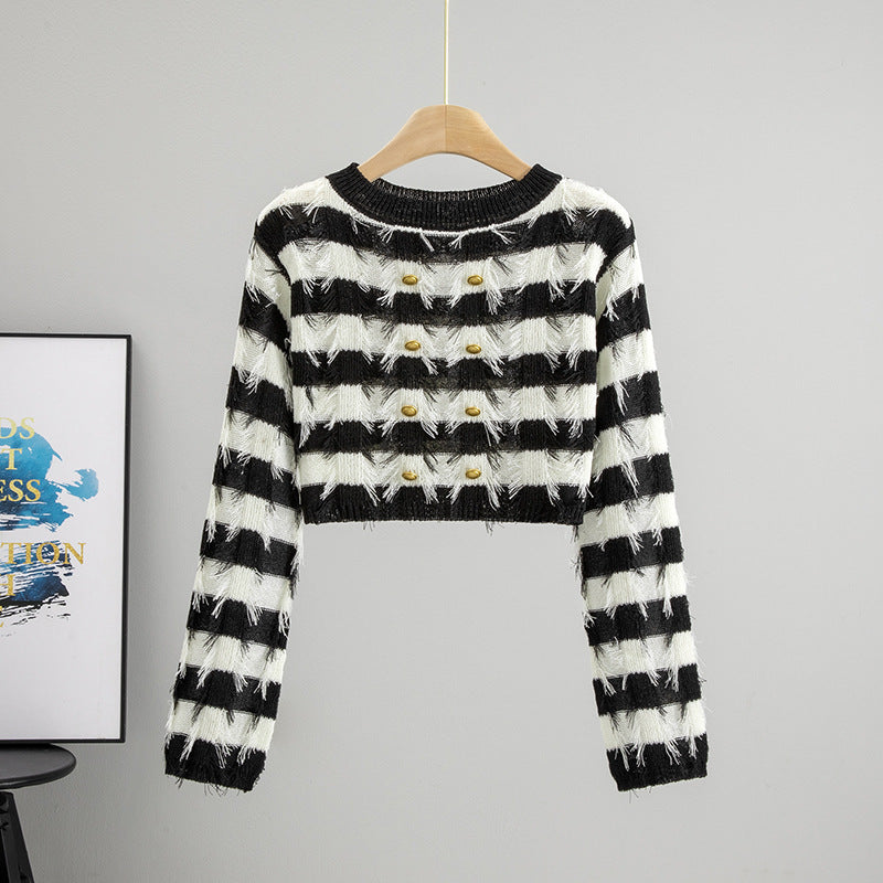 Langærmet Sweater Design Fransk Stil Off-the-neck Strikket Top