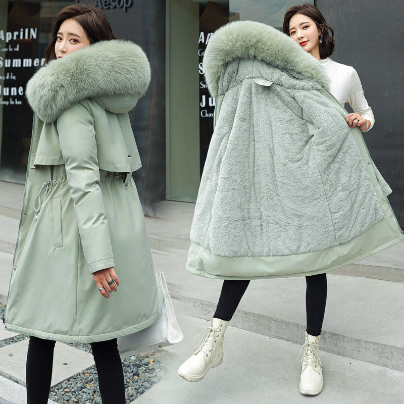 Long Style Large Fur Collar Fleece Lined Cotton Jacket Down Cotton Coat Outerwear