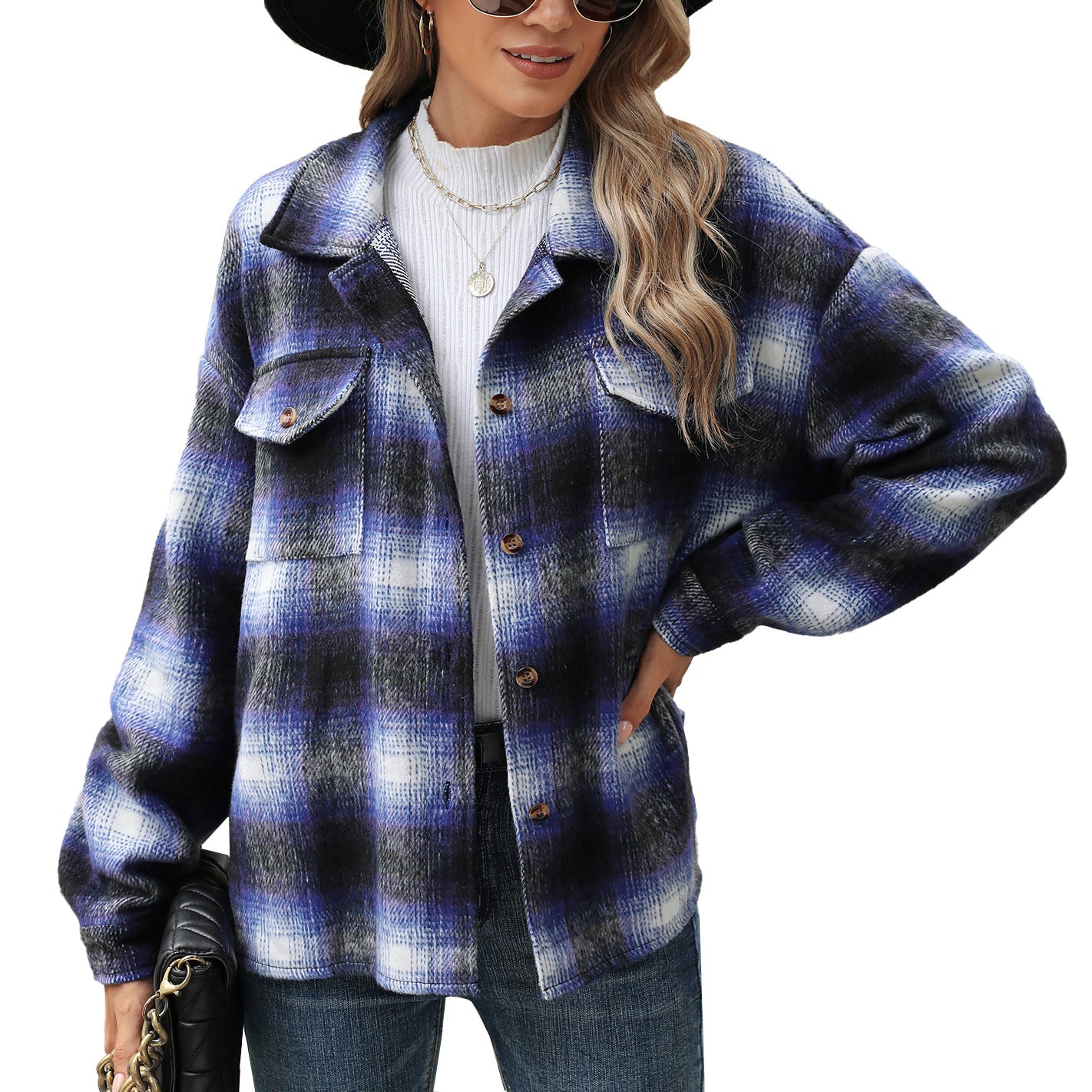 Polo Collar Stripes Plaid Pocket Loose Long-sleeved Woolen Coat