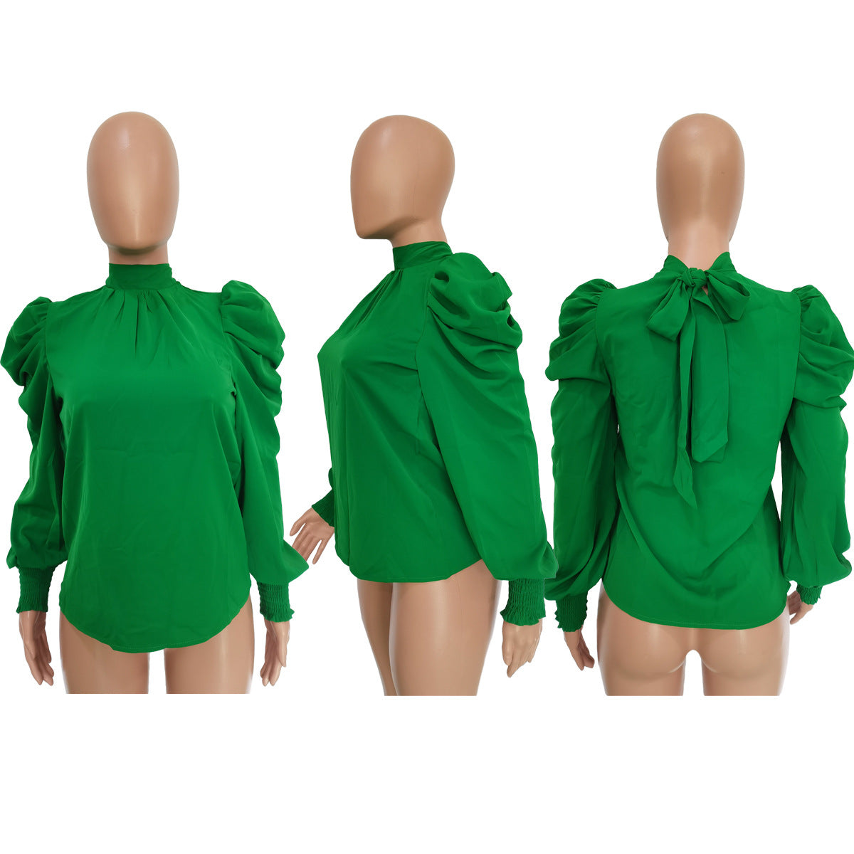 Stand Collar Puff Sleeve Back Lace-up Top