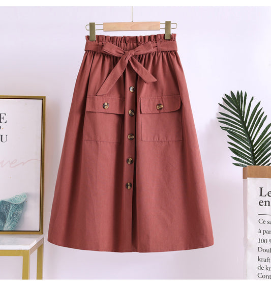 Summer New Artistic Solid Color Buttons Mid-length Skirt Mori Girl Elastic Waist Cotton And Linen A- Line Skirt