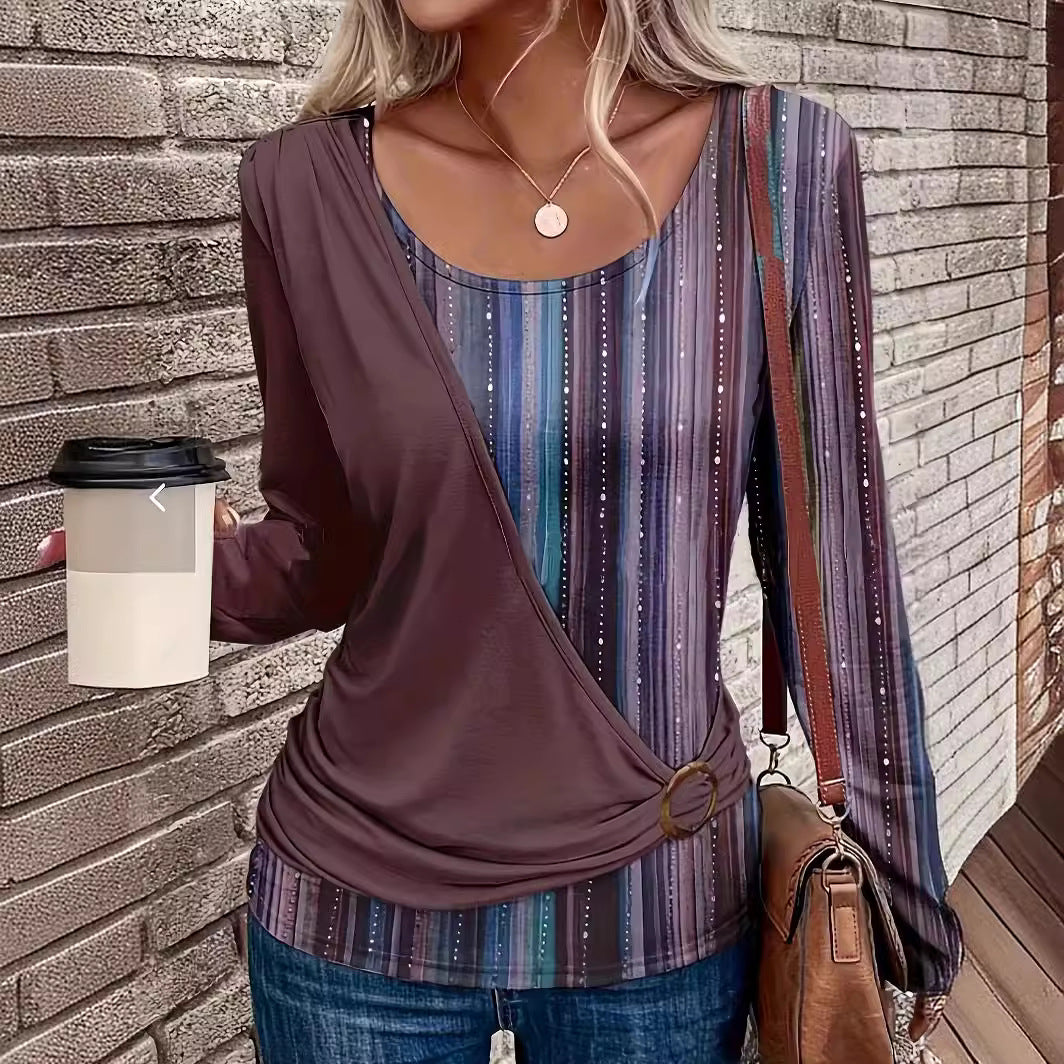 New Round Neck Stitching Printing Casual Long Sleeve Loose T-shirt