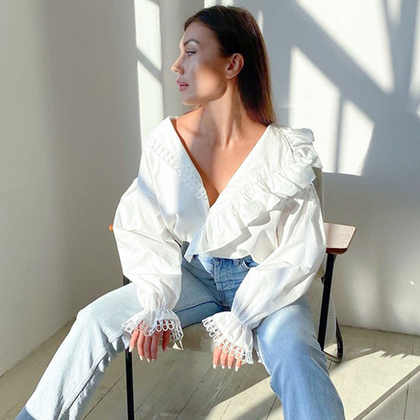 Women's Shirt Sexy Deep V-neck Long Sleeve Graceful And Fashionable