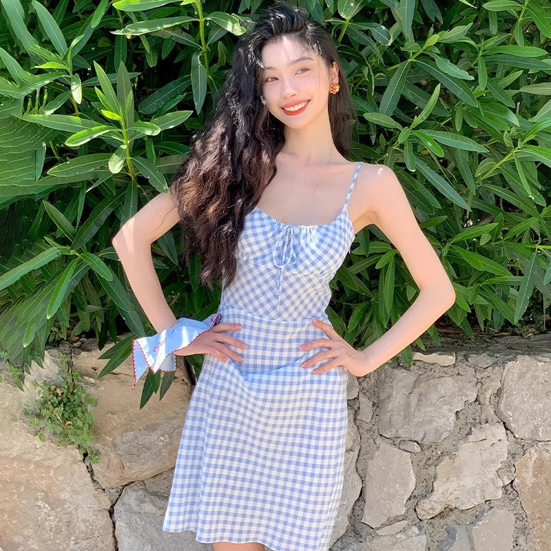 Summer French-Style Gentle Plaid Slip Dress
