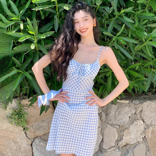 Summer French-Style Gentle Plaid Slip Dress