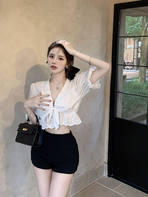 Women's French V Neck Ruffle Short Sleeve Shirt